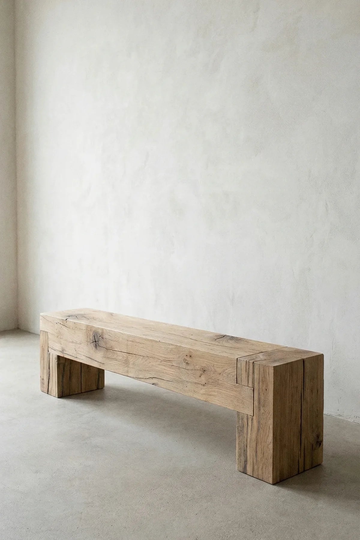 Overhead close-up of the Sable bench seat surface showing weathered oak texture