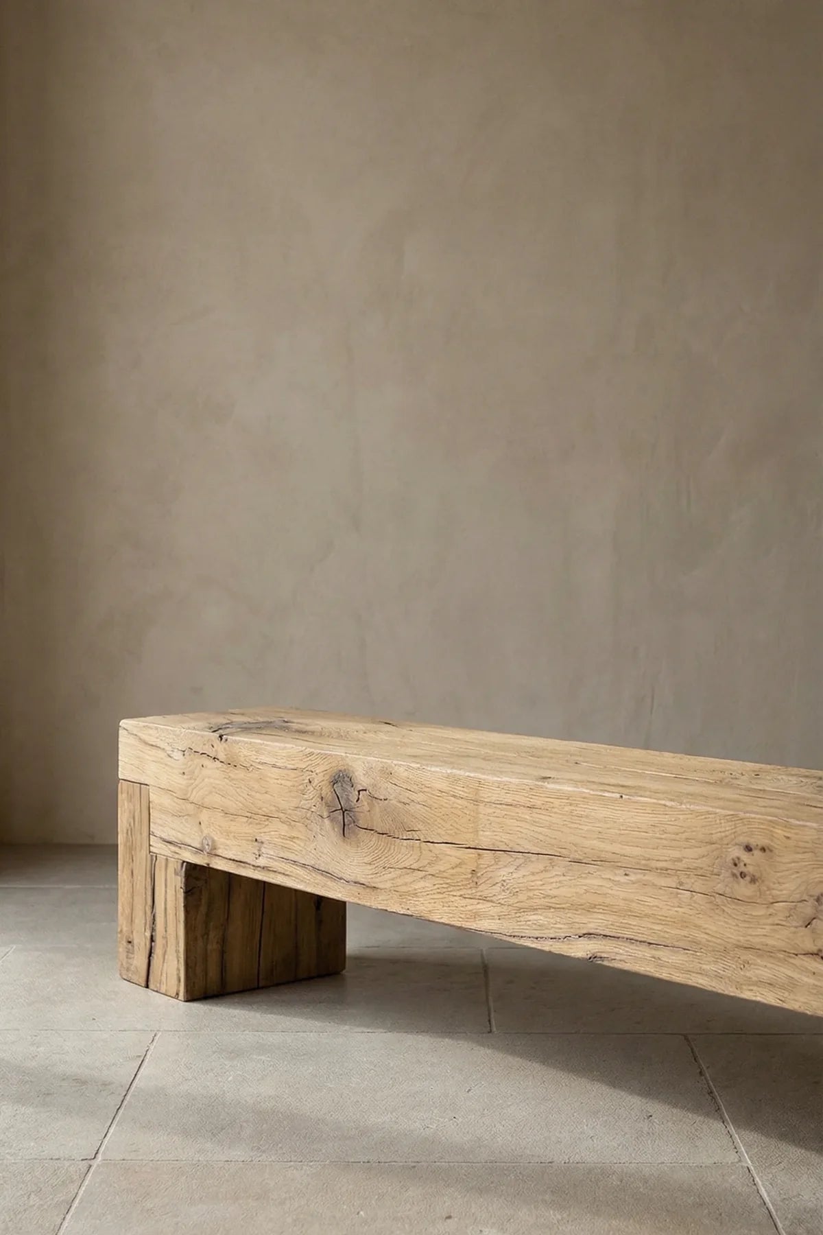 Full-length view of the Sable reclaimed oak bench showing surface character and proportions