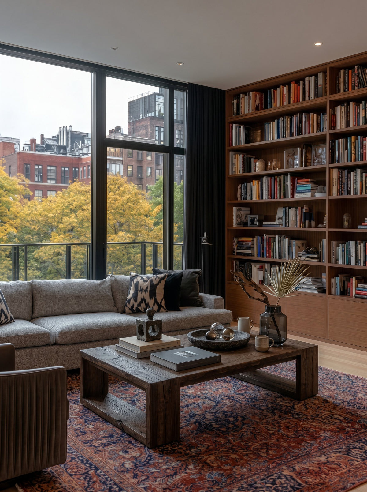 Sardis Reclaimed Oak Coffee Table – in a living room with floor-to-ceiling bookshelves
