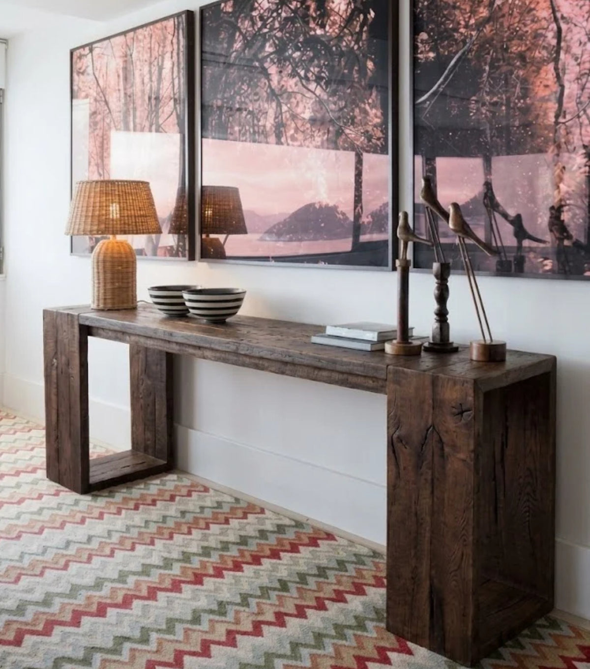 Sardis Reclaimed Oak Console Table – in a living room with large artwork