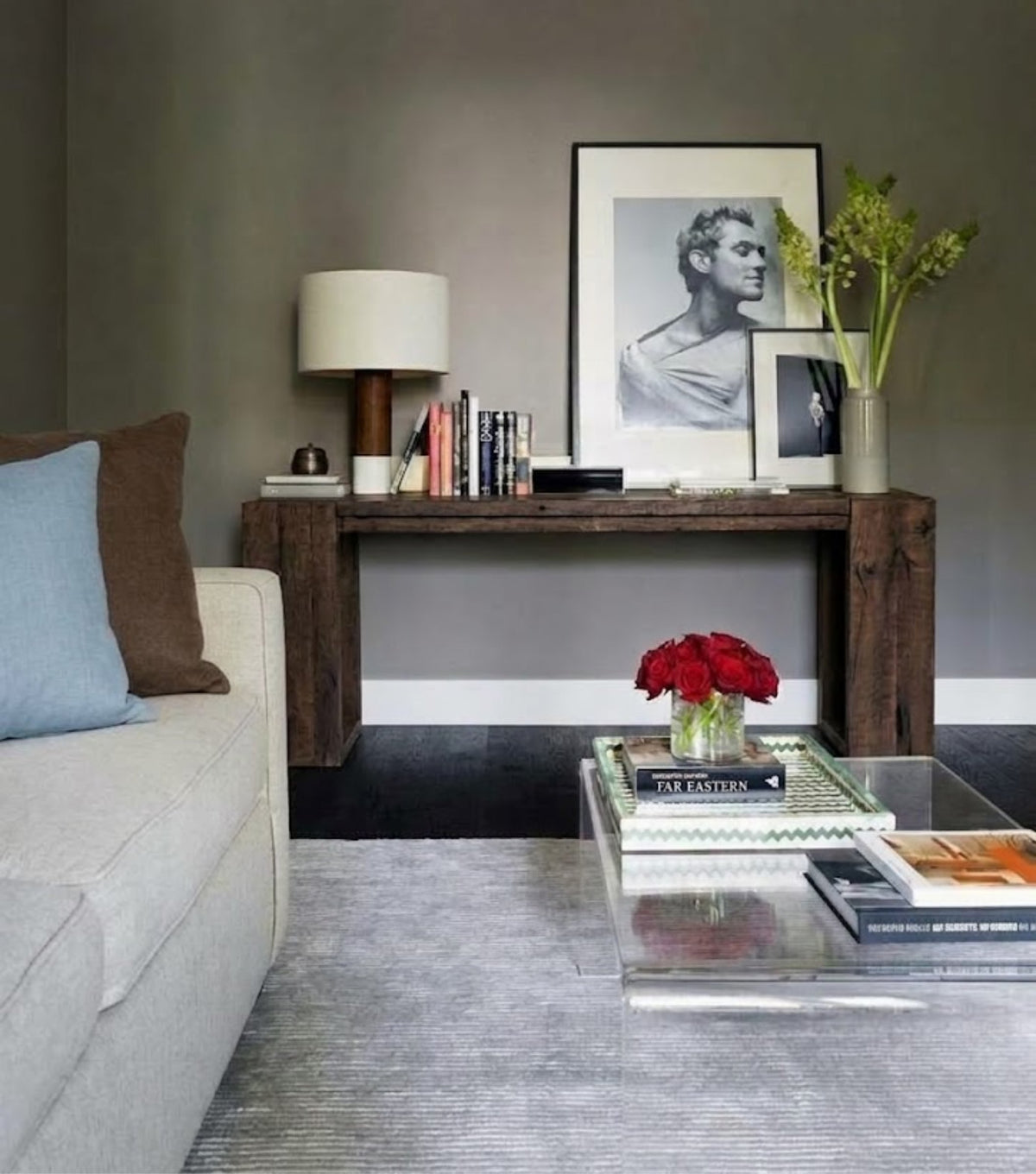 Sardis Reclaimed Oak Console Table – behind a sofa with a coffee table