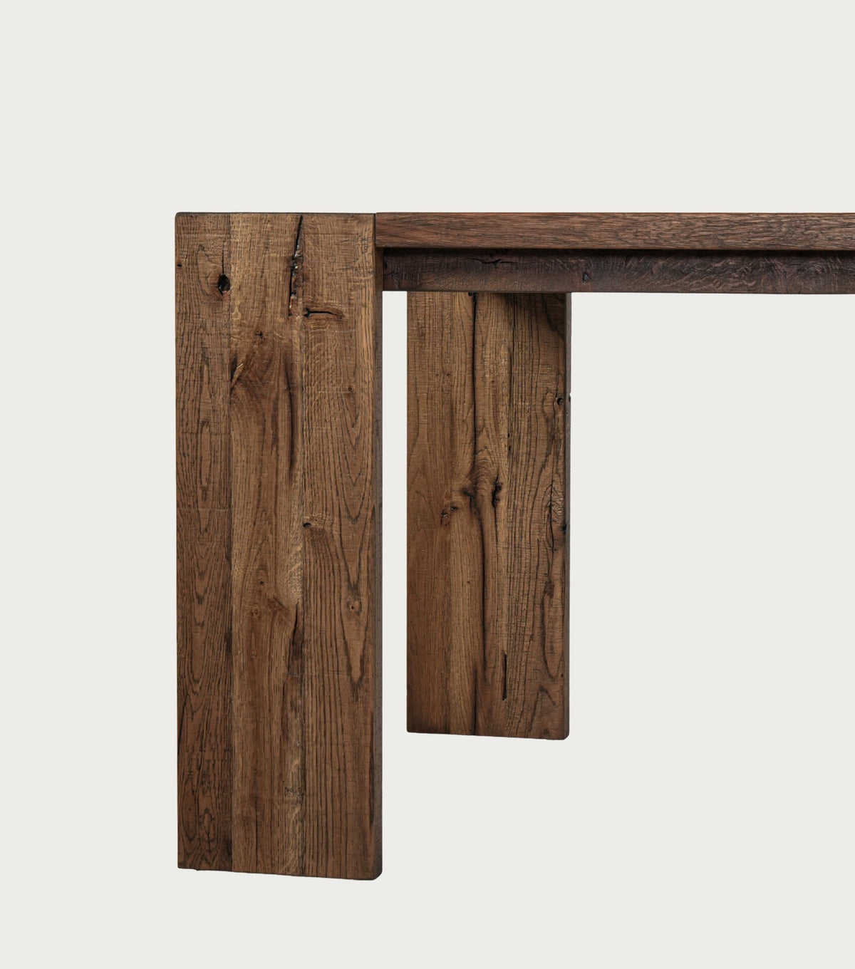 Sardis Reclaimed Oak Dining Table – detail of the panel leg