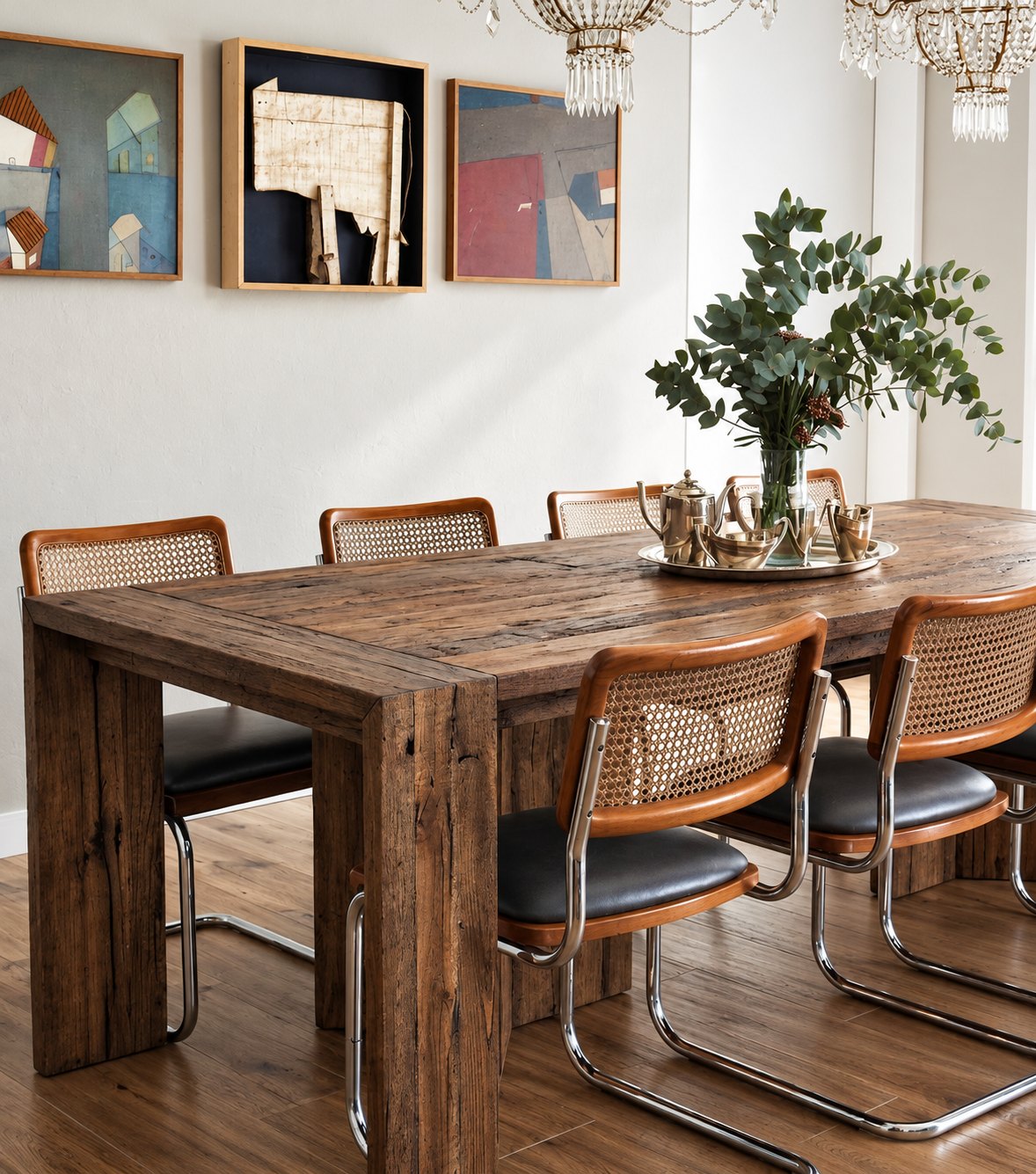 Sardis Reclaimed Oak Dining Table – with cane cantilever chairs and colourful artwork