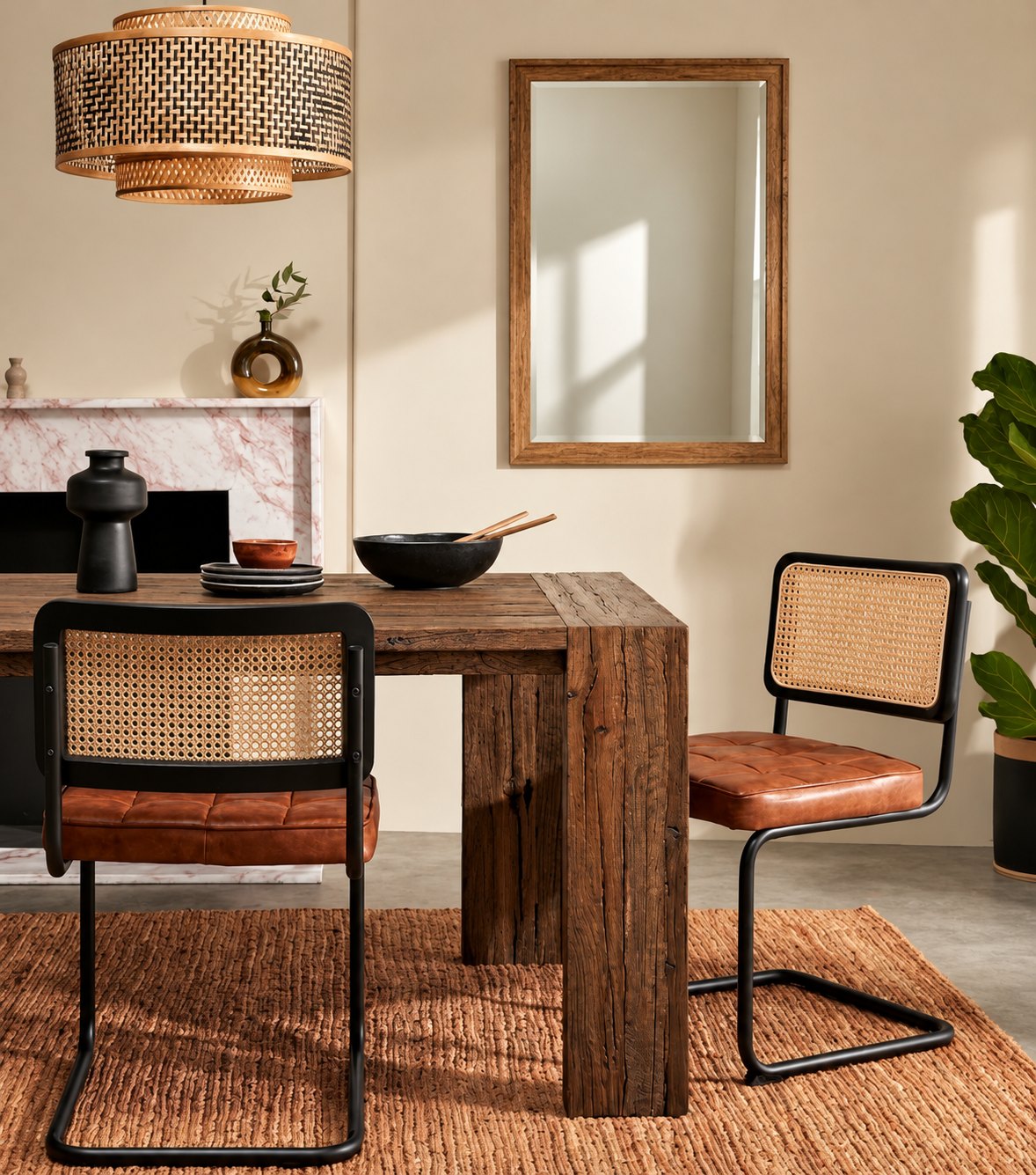 Sardis Reclaimed Oak Dining Table – with cane chairs beneath a rattan pendant