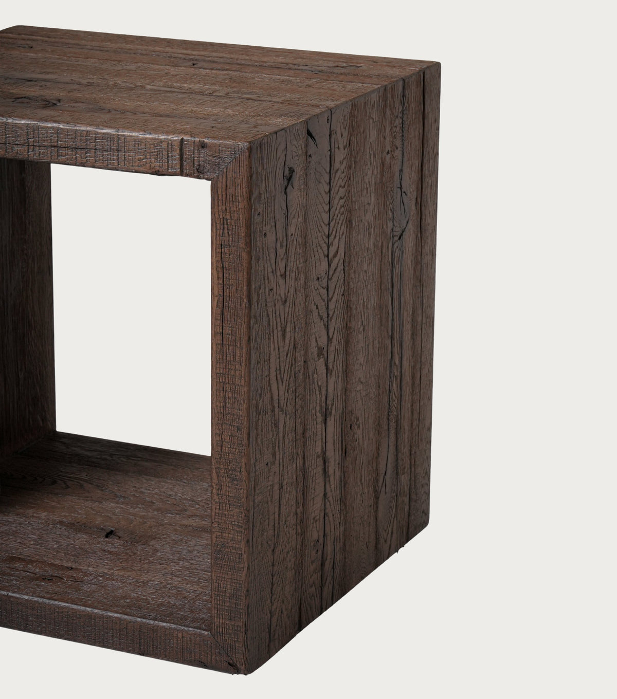 Sardis Reclaimed Oak Side Table – detail of the open cube frame