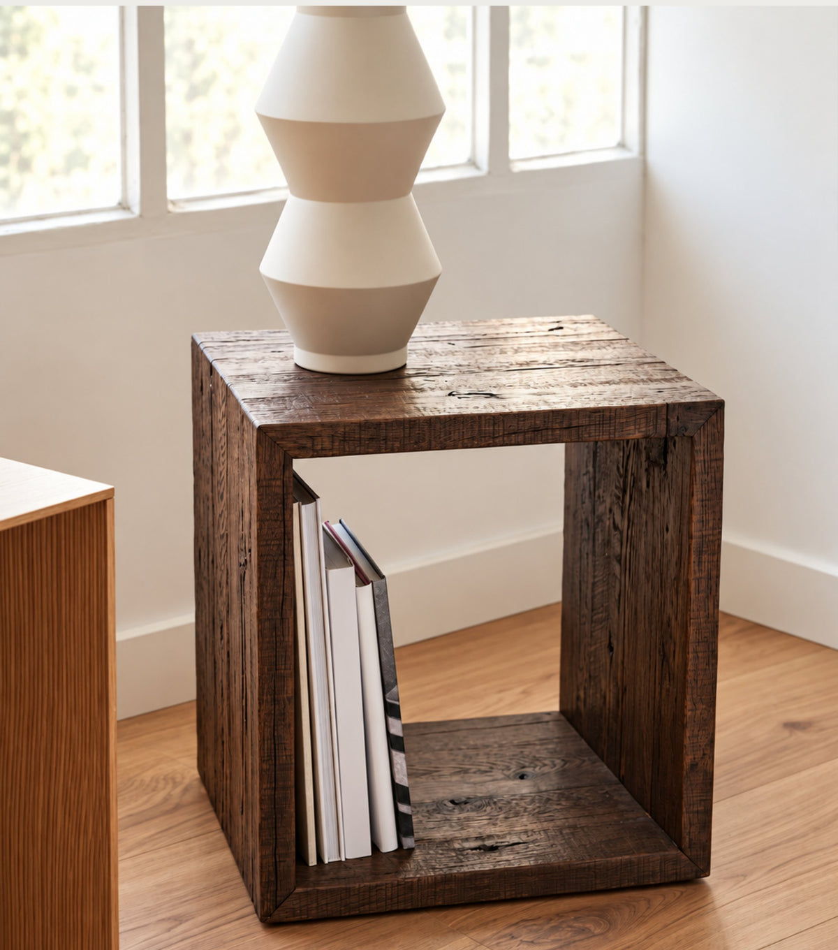 Sardis Reclaimed Oak Side Table – with a sculptural lamp and books in a sunlit corner