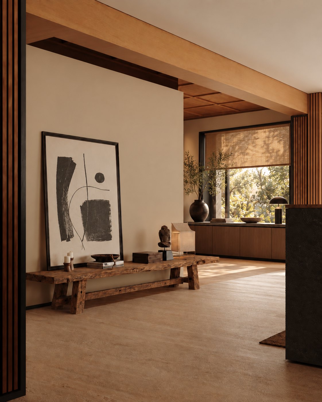 Sedra Reclaimed Oak Bench – in a calm living room with abstract artwork