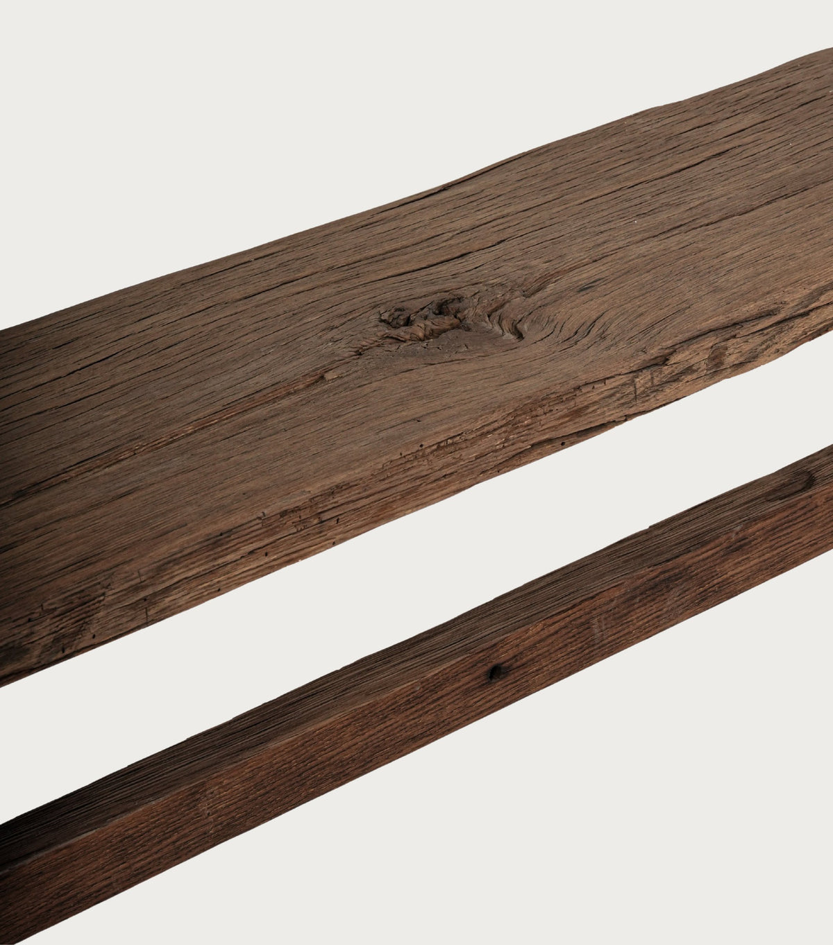 Sedra Reclaimed Oak Bench – close-up of the seat and stretcher