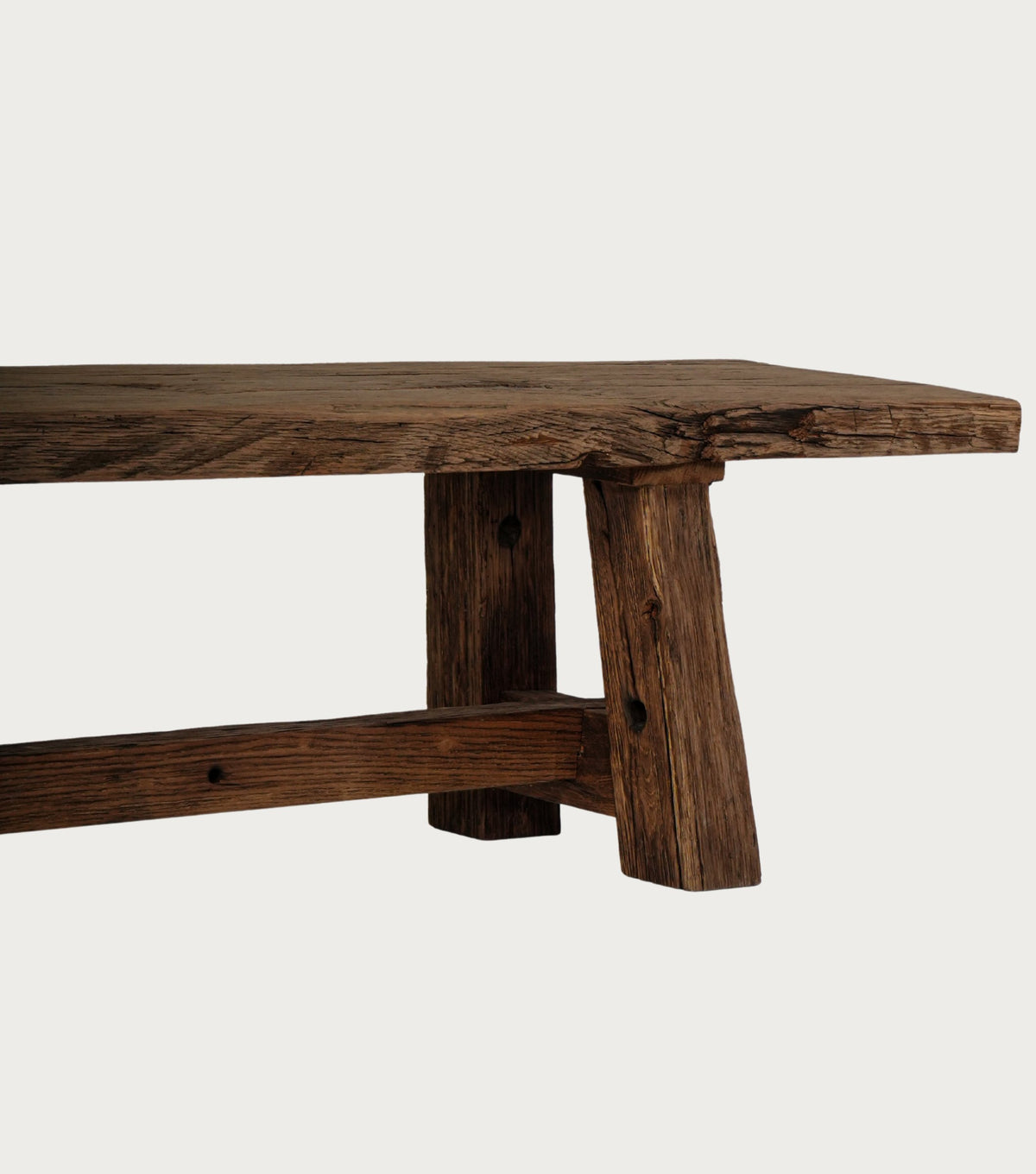 Sedra Reclaimed Oak Bench – detail of the leg and stretcher