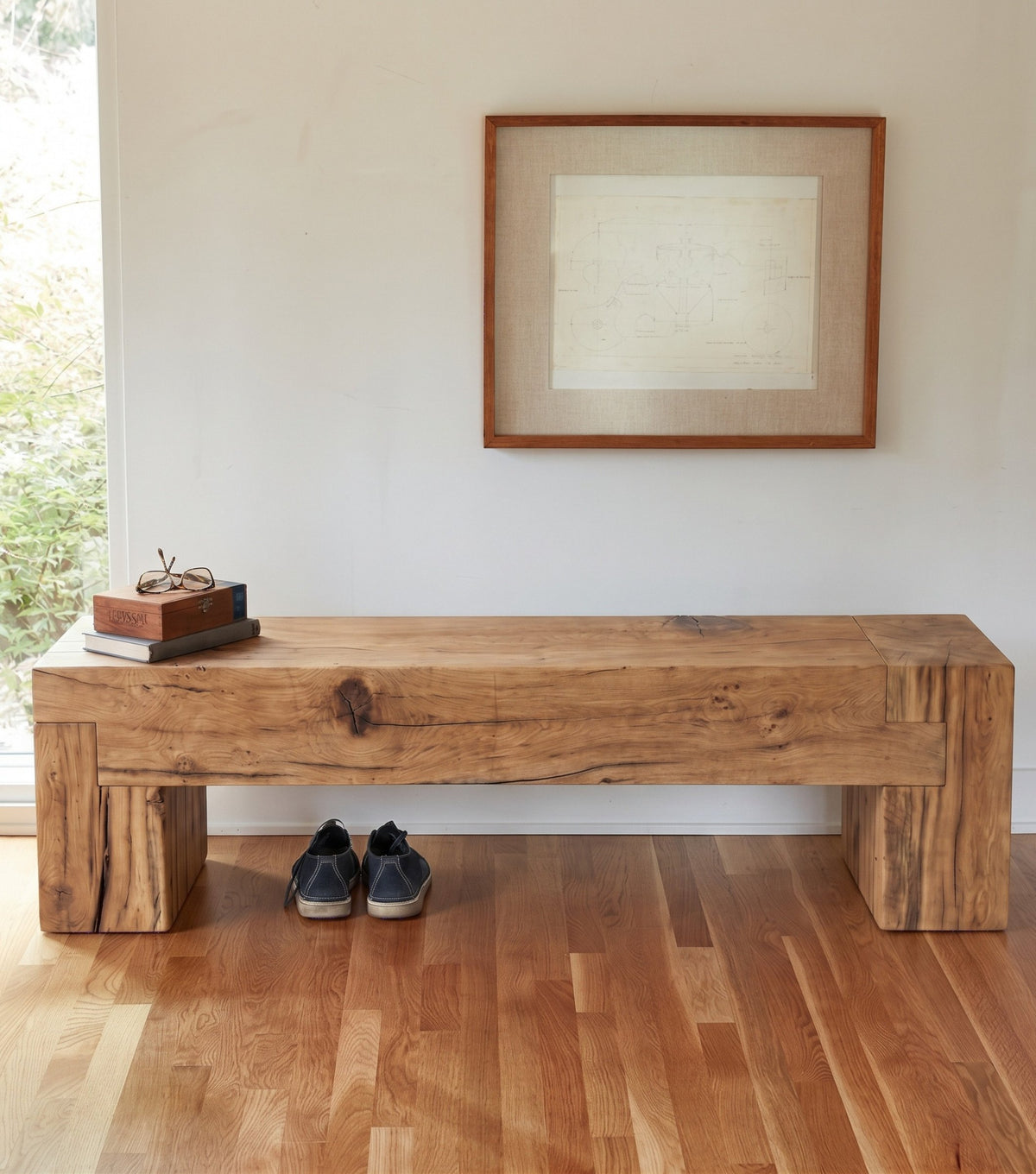 Sella Reclaimed Oak Bench – in an entrance with framed artwork