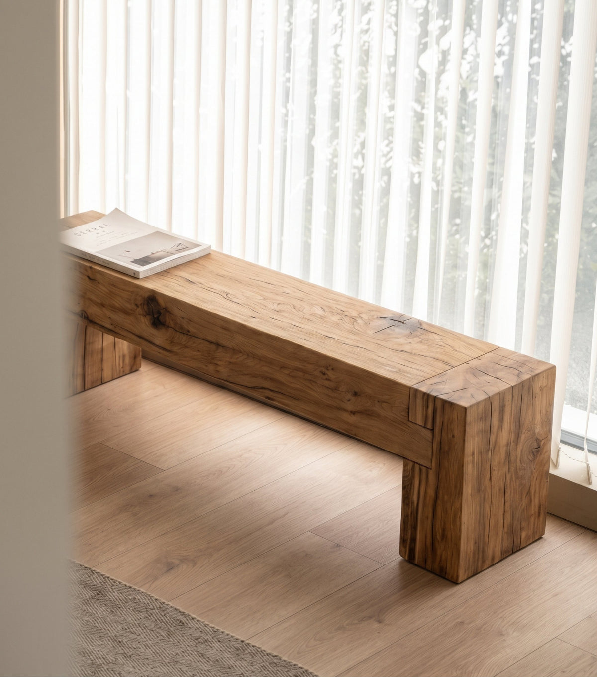 Sella Reclaimed Oak Bench – in a sunlit room with sheer curtains