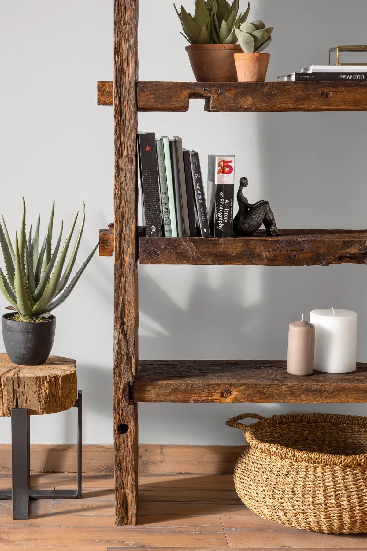 Close-up of Solstice bookcase shelf joint showing traditional mortise-and-tenon oak joinery