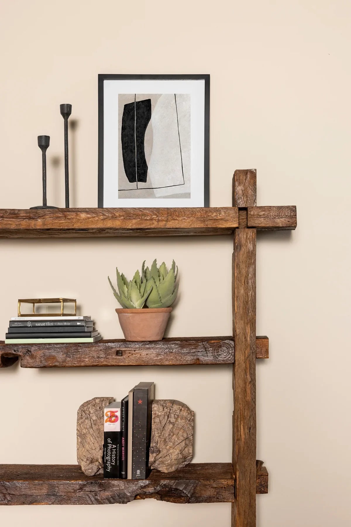 Top shelf detail of the Solstice bookcase showing reclaimed oak grain and natural colour variation