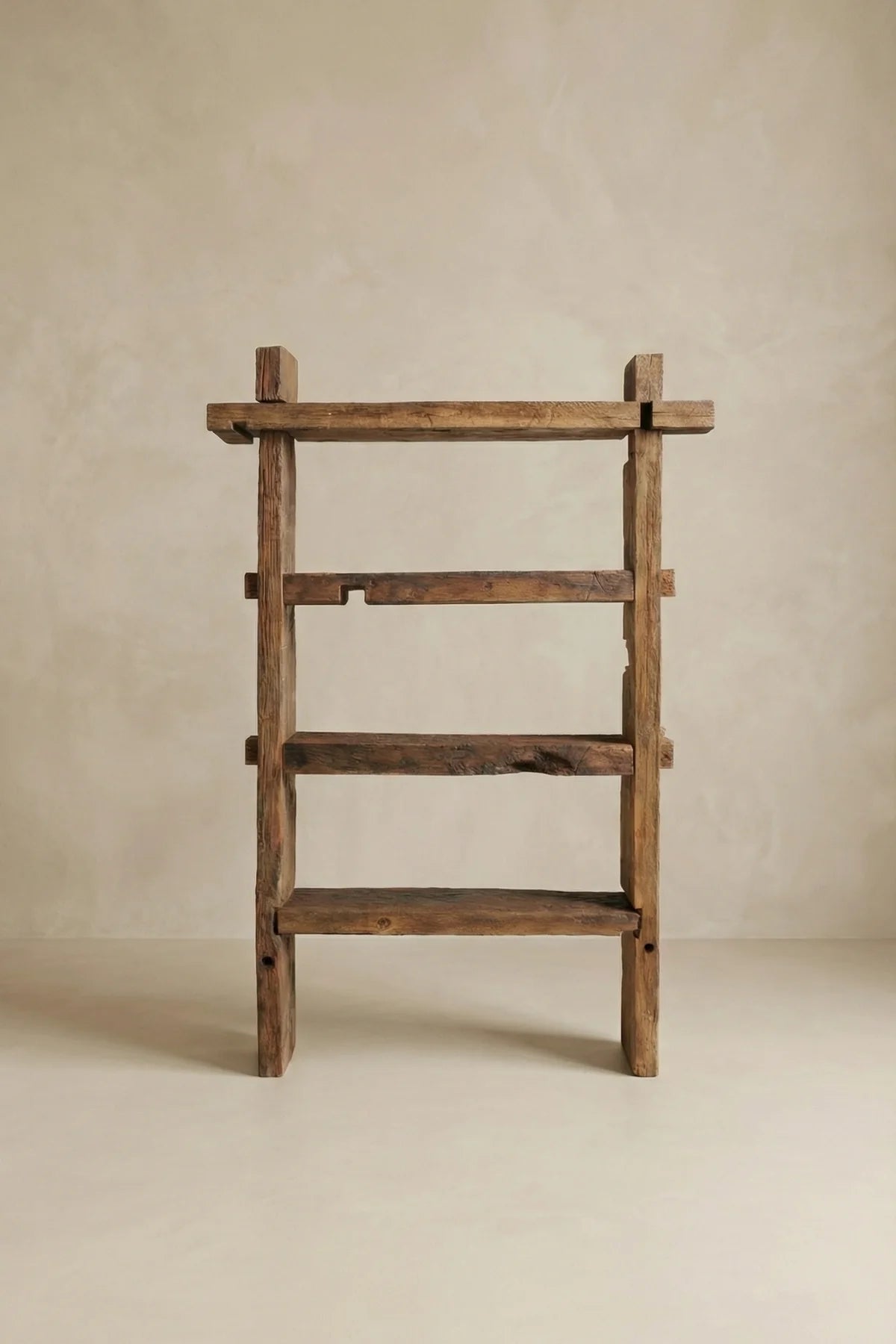 Solstice freestanding reclaimed oak bookcase — front view showing full height and shelf layout