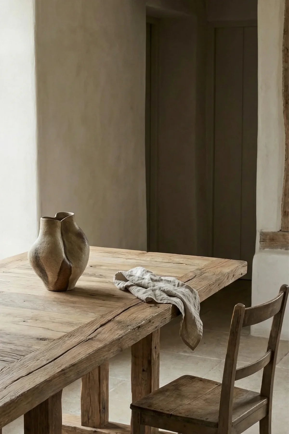 Stoa dining table — three-quarter angle view highlighting brushed grain texture and leg construction