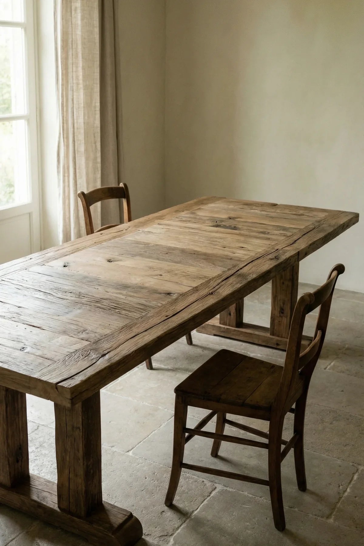 Reclaimed structural oak beam leg of the Stoa dining table with natural surface character