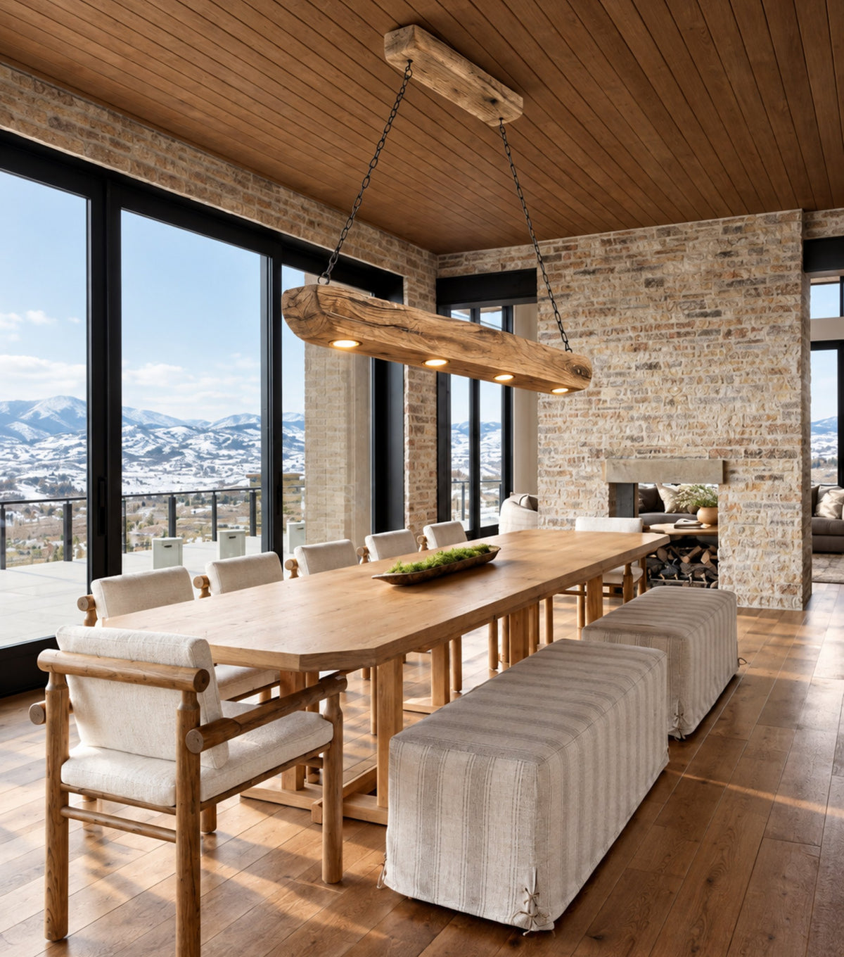 Tegmen Reclaimed Chestnut Beam Pendant Light – above a long dining table in a mountain home