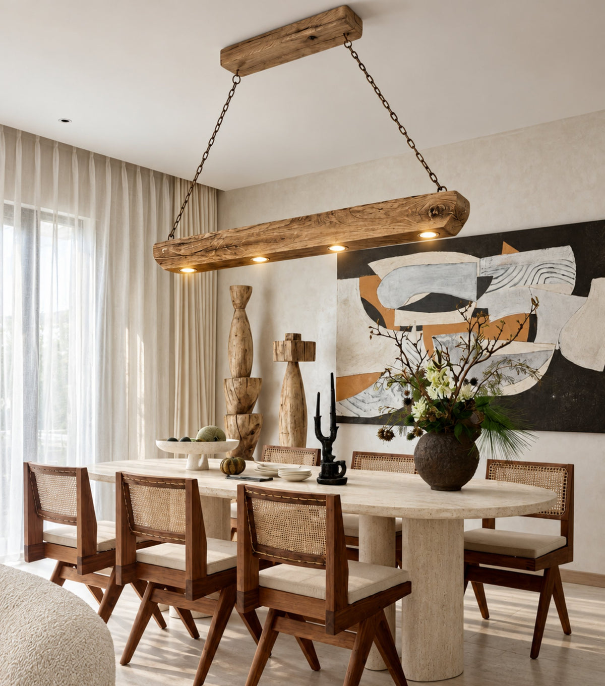 Tegmen Reclaimed Chestnut Beam Pendant Light – above an oval dining table with cane chairs