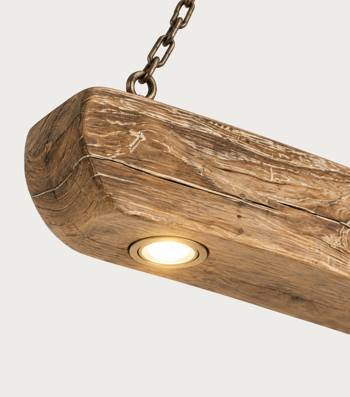 Tegmen Reclaimed Chestnut Beam Pendant Light – close-up of a recessed spotlight in the beam