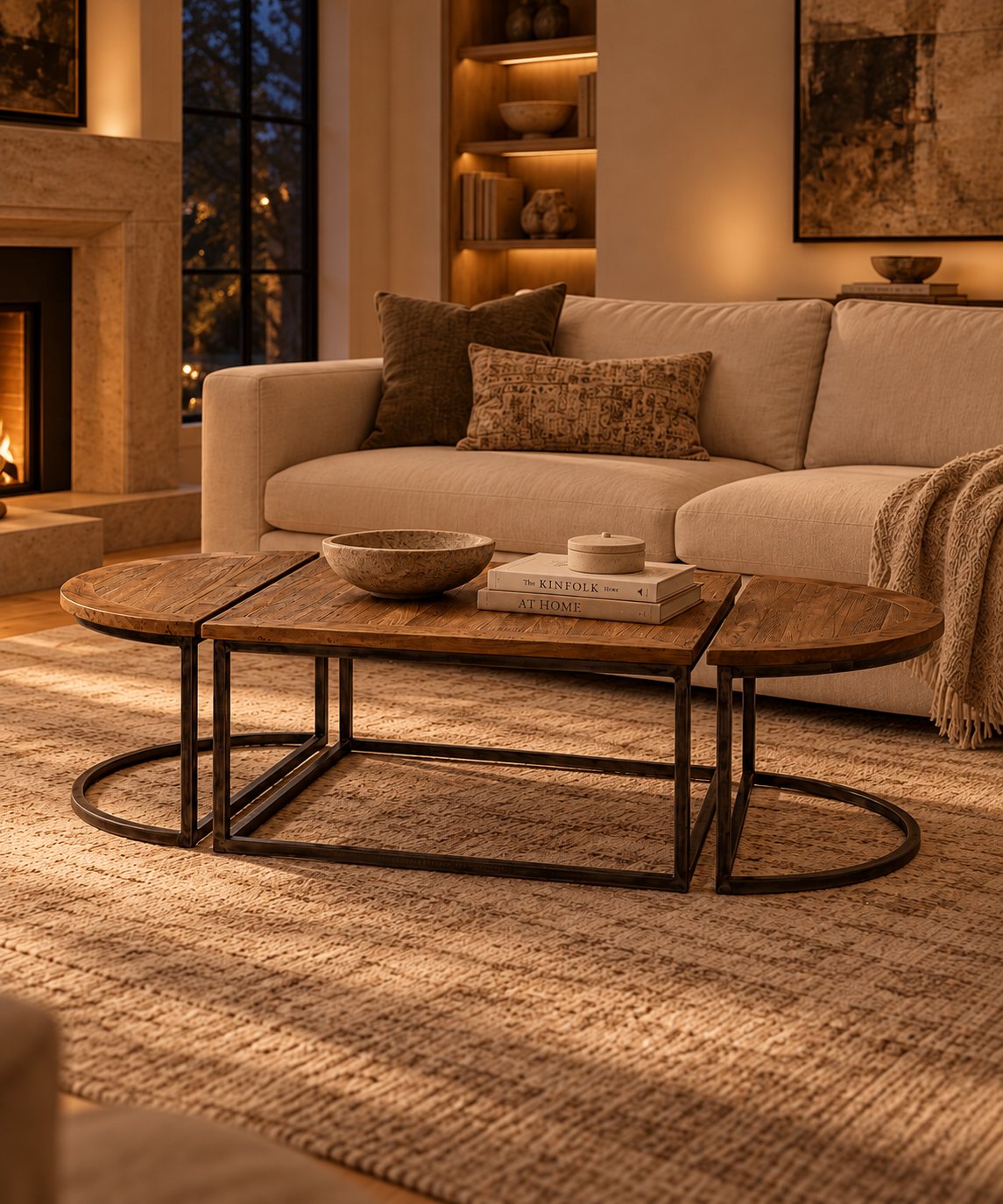 Tessera Reclaimed Oak Coffee Table – in a living room by a fireplace