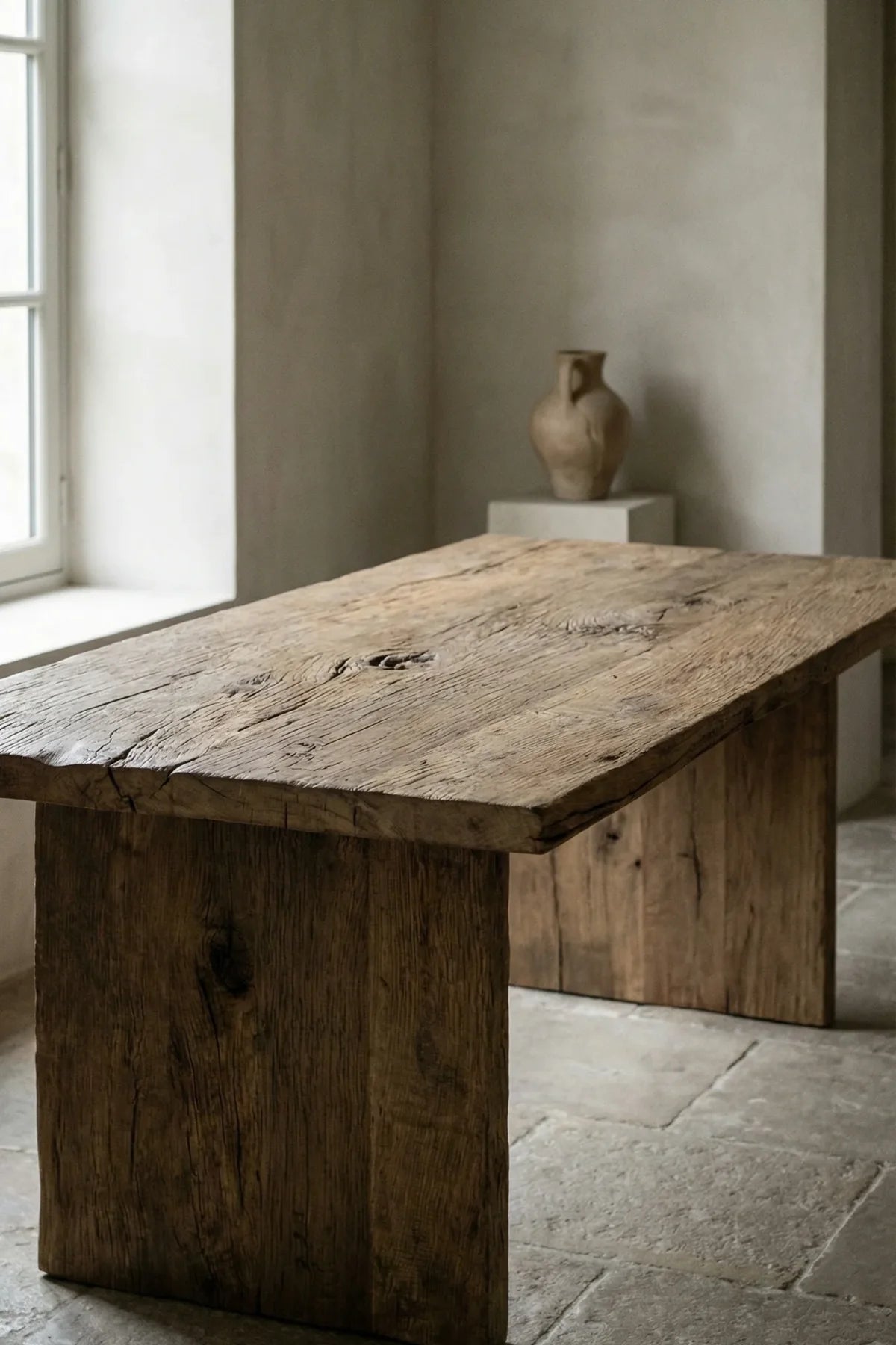 Reclaimed structural oak beam leg of the Thebes dining table with unprocessed natural surface