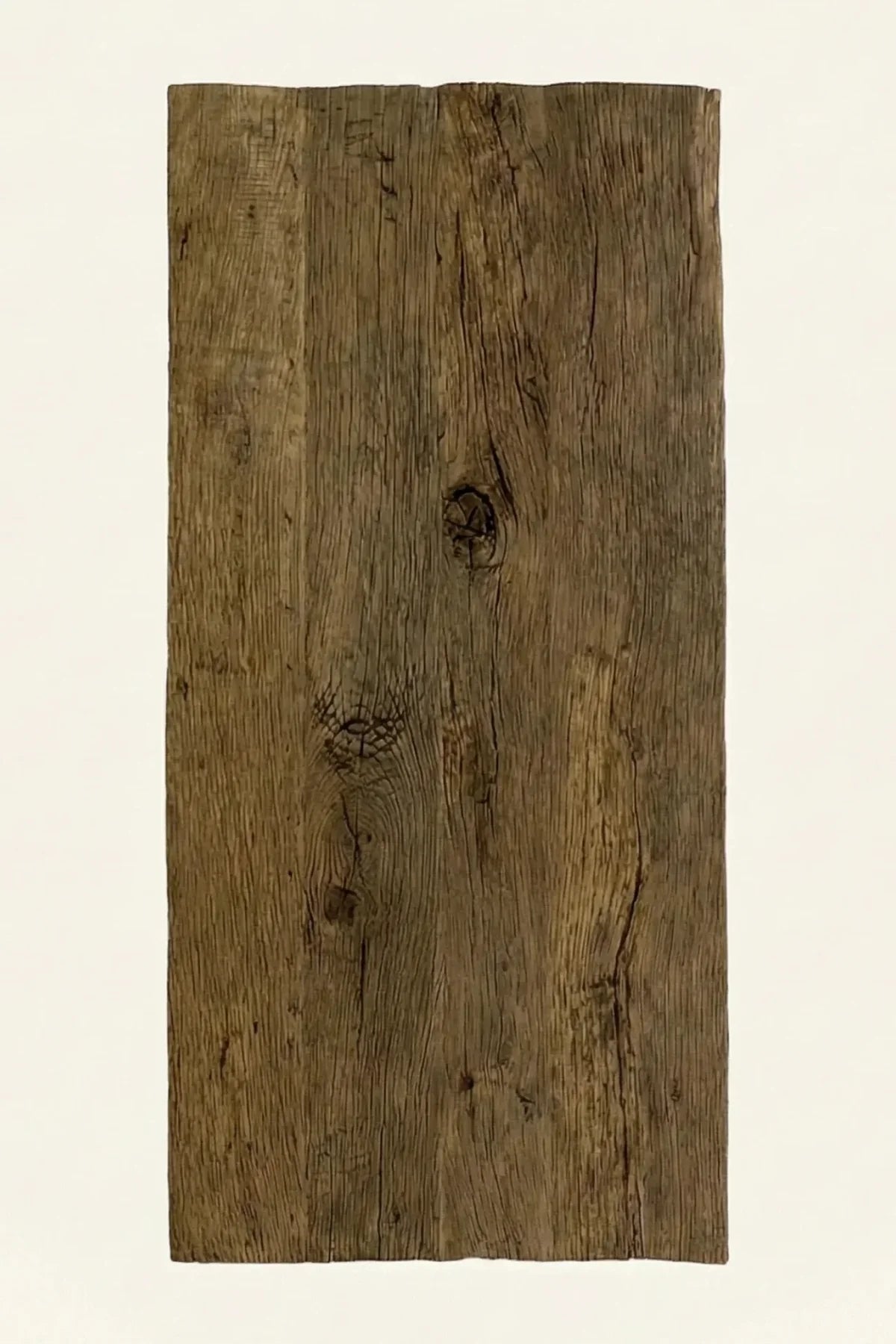 Close-up of Thebes tabletop showing lightly brushed original oak surface with deep weathering and natural knots