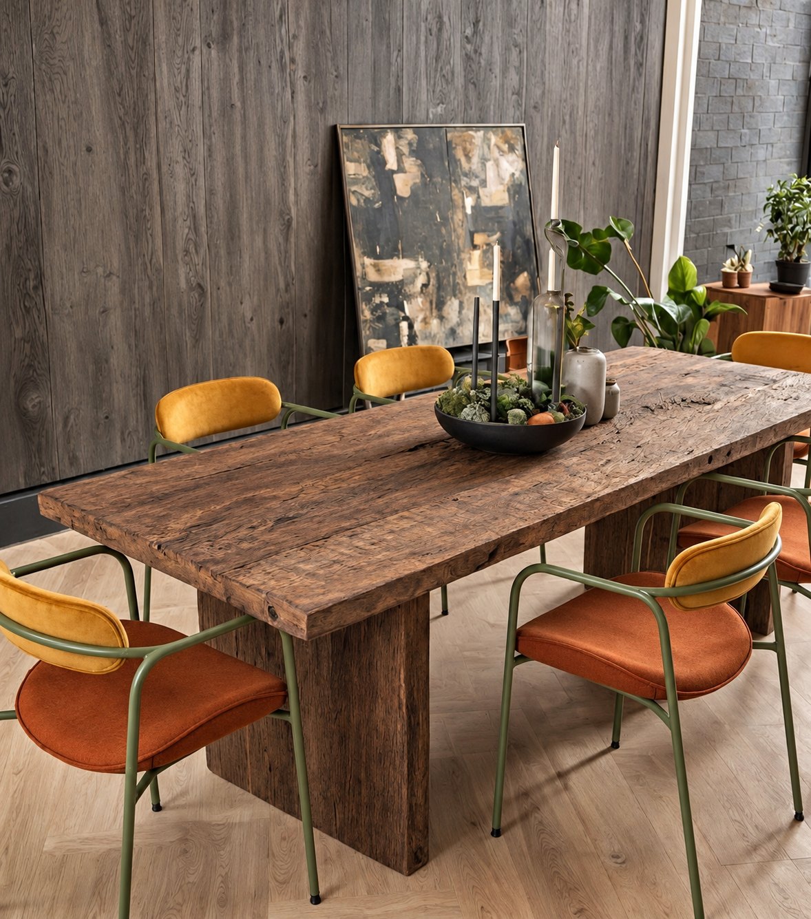 Thebes Reclaimed Oak Dining Table – with orange chairs against a dark timber wall