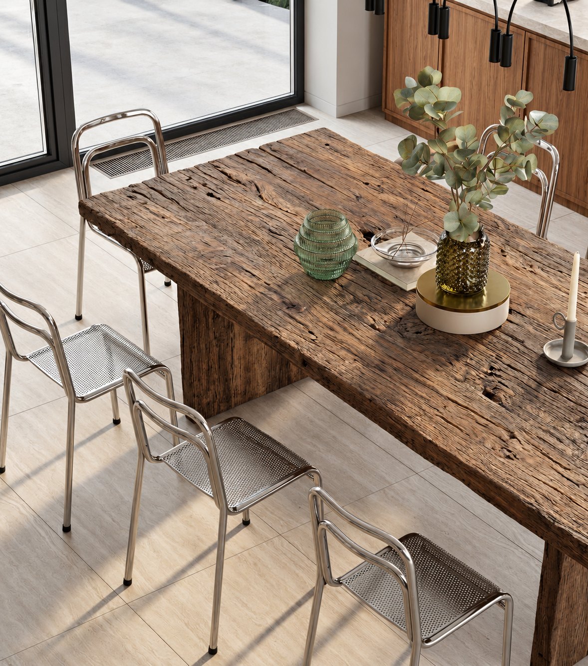 Thebes Reclaimed Oak Dining Table – with clear acrylic chairs in a bright room