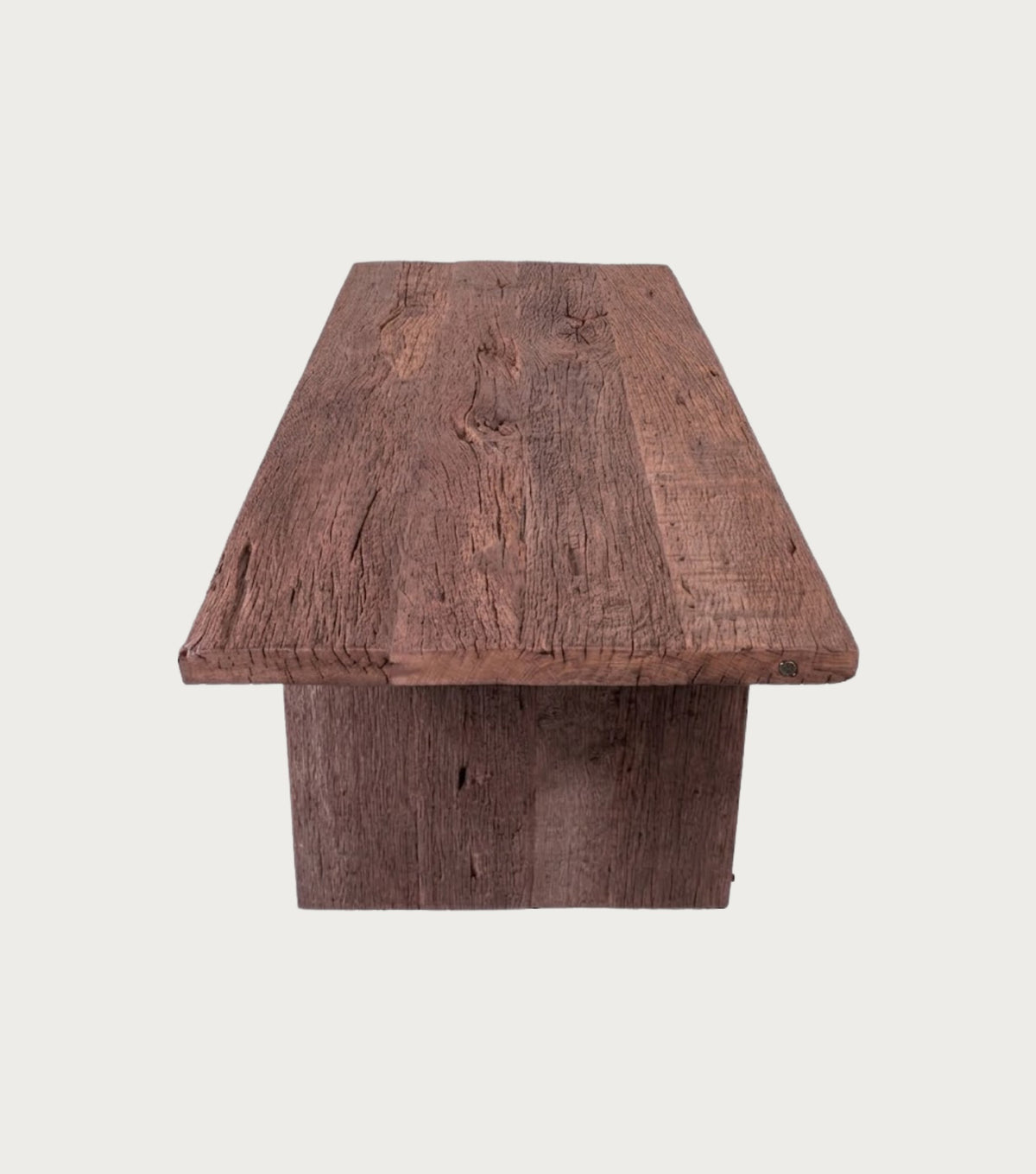 Thebes Reclaimed Oak Dining Table – end view from above