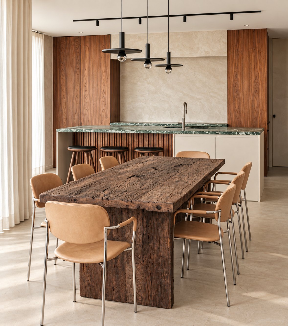 Thebes Reclaimed Oak Dining Table – in an open-plan kitchen and dining room