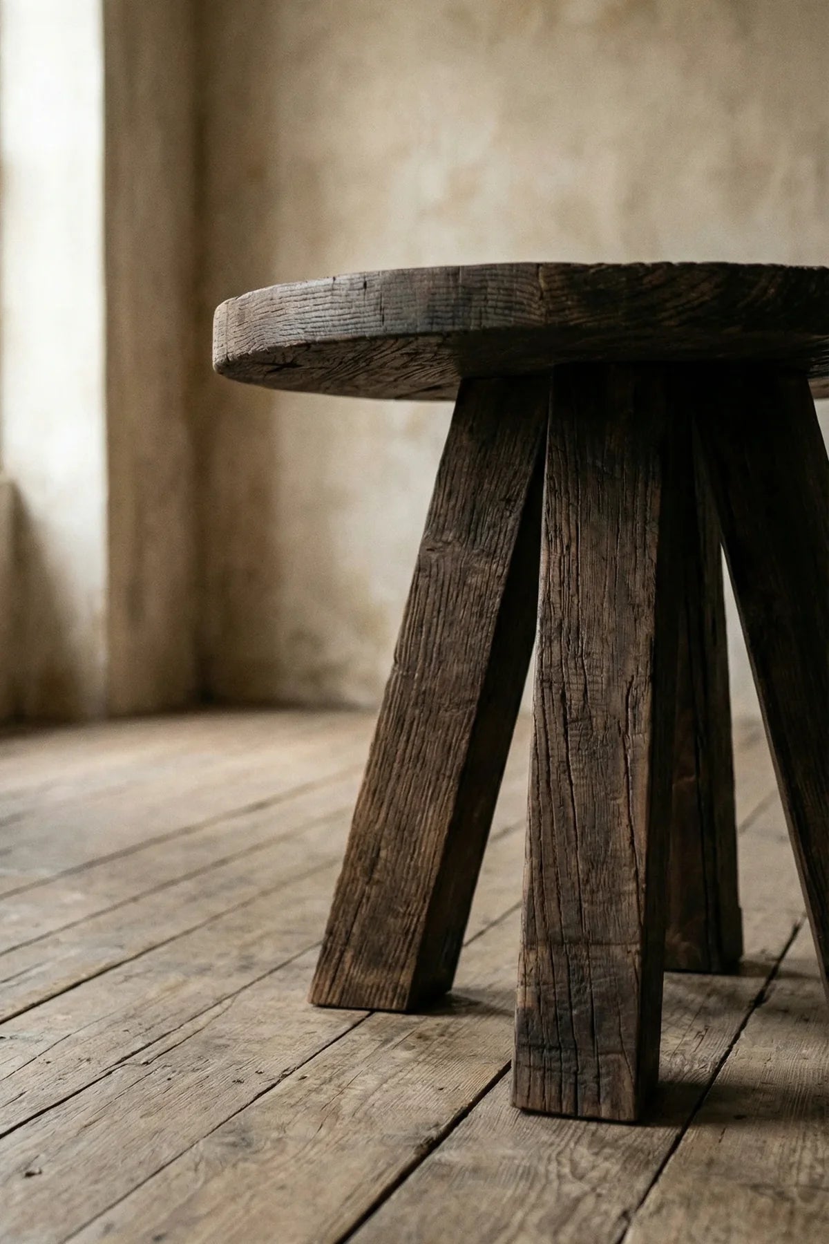 Tifa side table — three-quarter angle view showing tripod leg spread and round reclaimed oak top