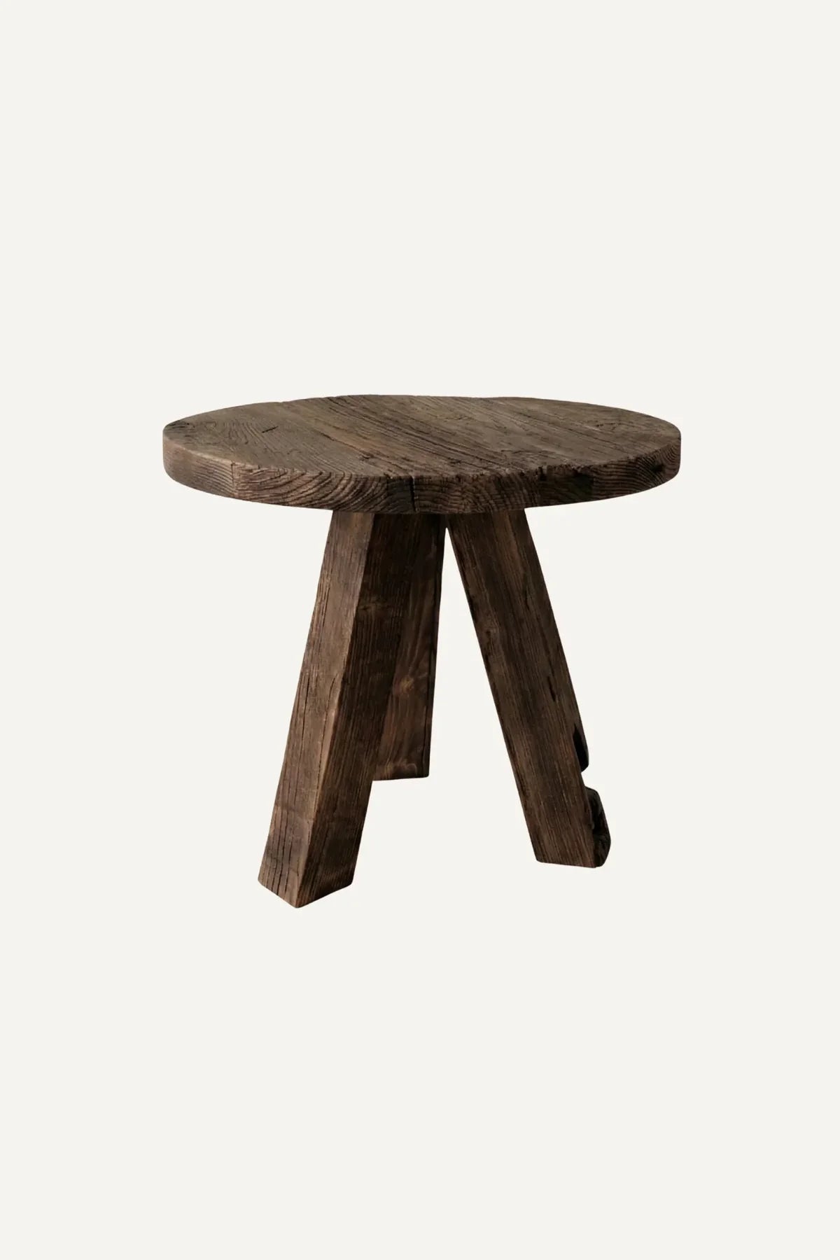 Tifa round reclaimed oak side table — front view showing circular top and angled tripod legs