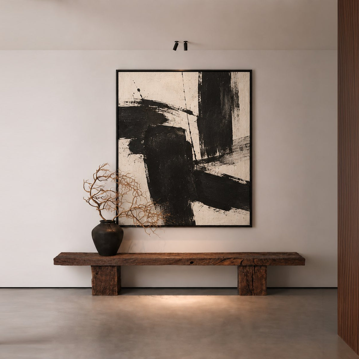 Trabes Reclaimed Oak Bench – in a gallery-style hallway with abstract artwork