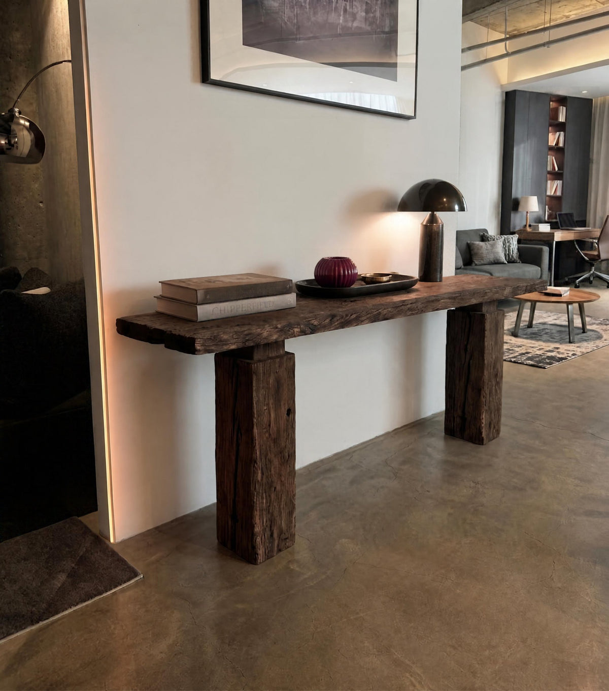 Trabes Reclaimed Oak Console Table – in a hallway with a concrete floor