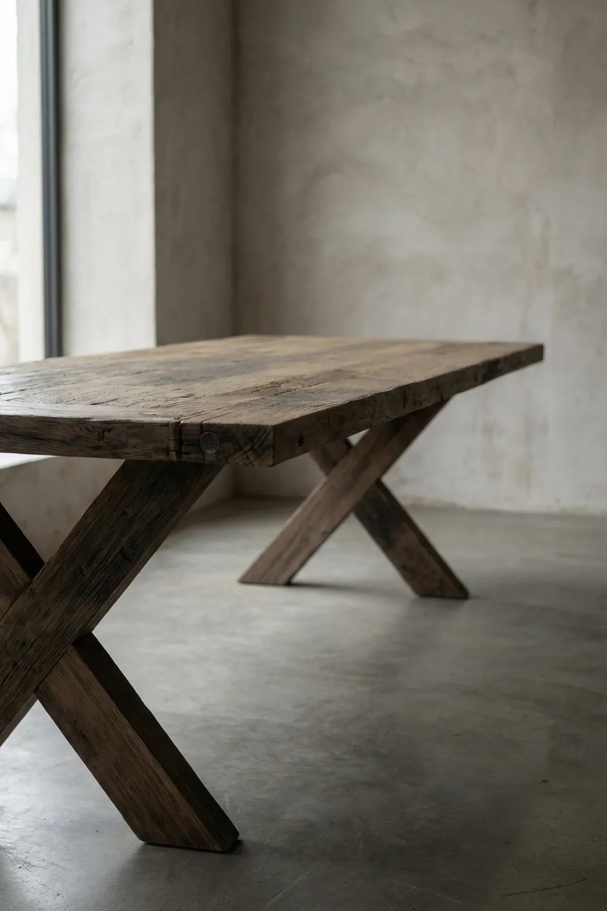 Traverse dining table — three-quarter angle view highlighting crossed X-frame base and Hungarian oak grain