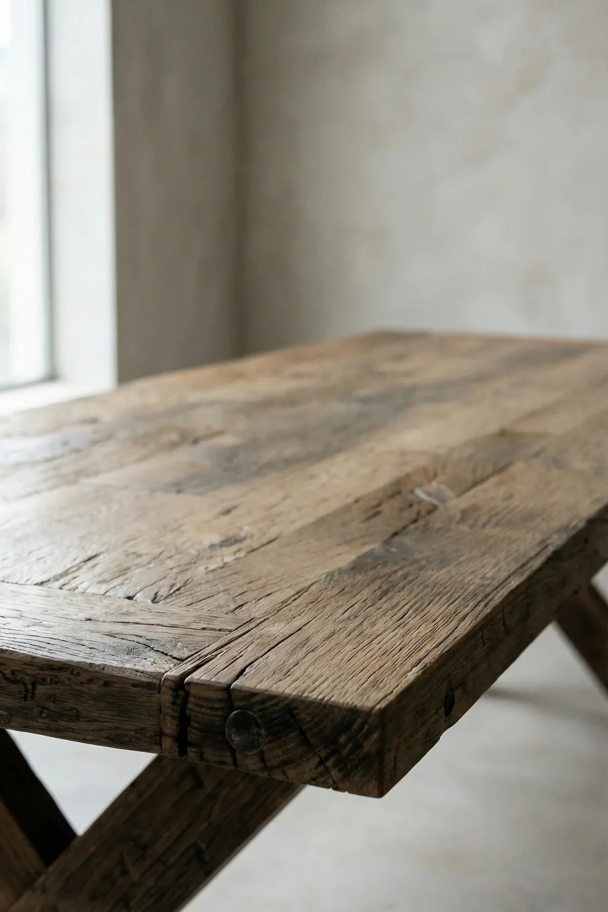 Traverse dining table — three-quarter angle view highlighting X-frame crossed leg construction