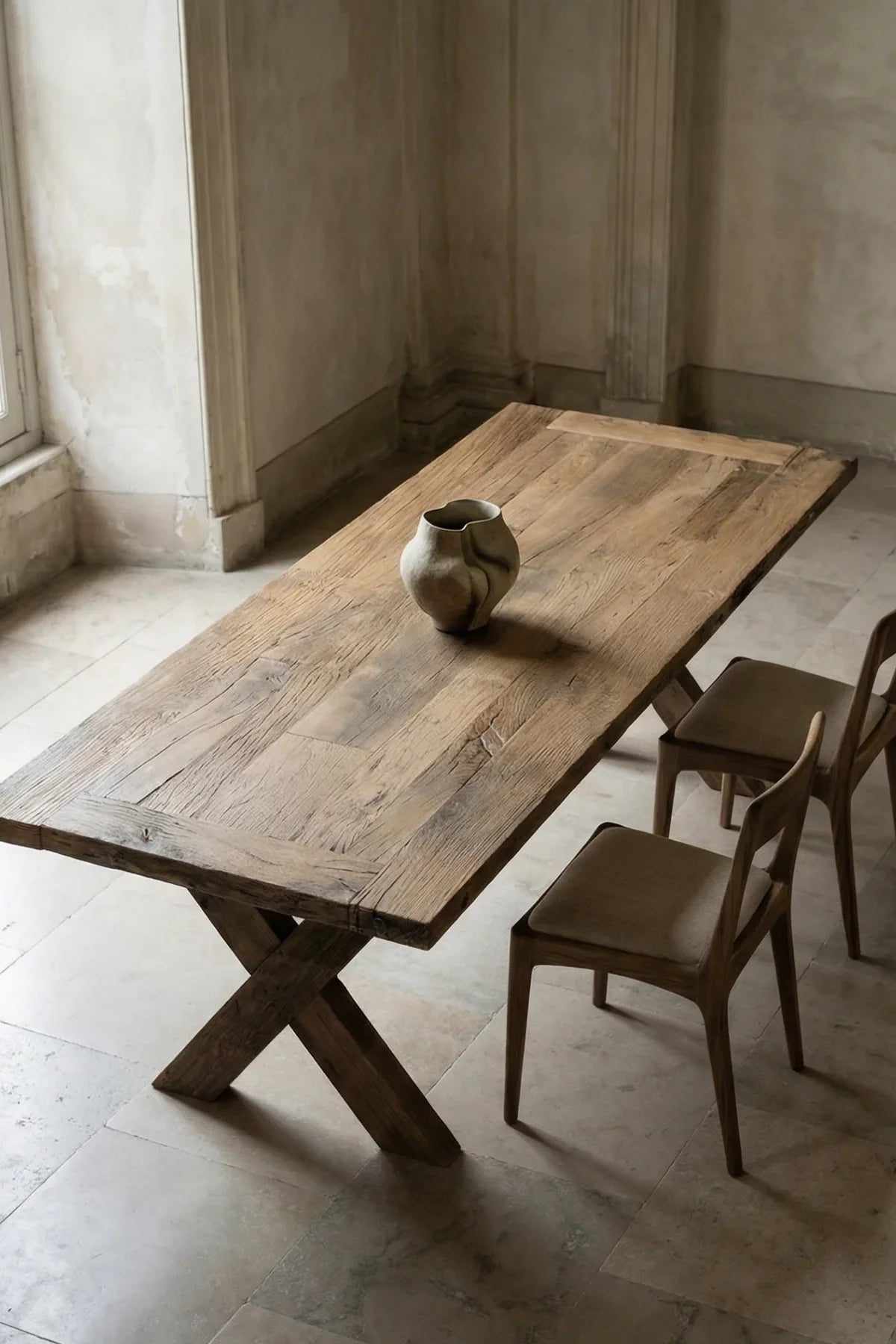 Side profile of the Traverse dining table showing crossed leg silhouette