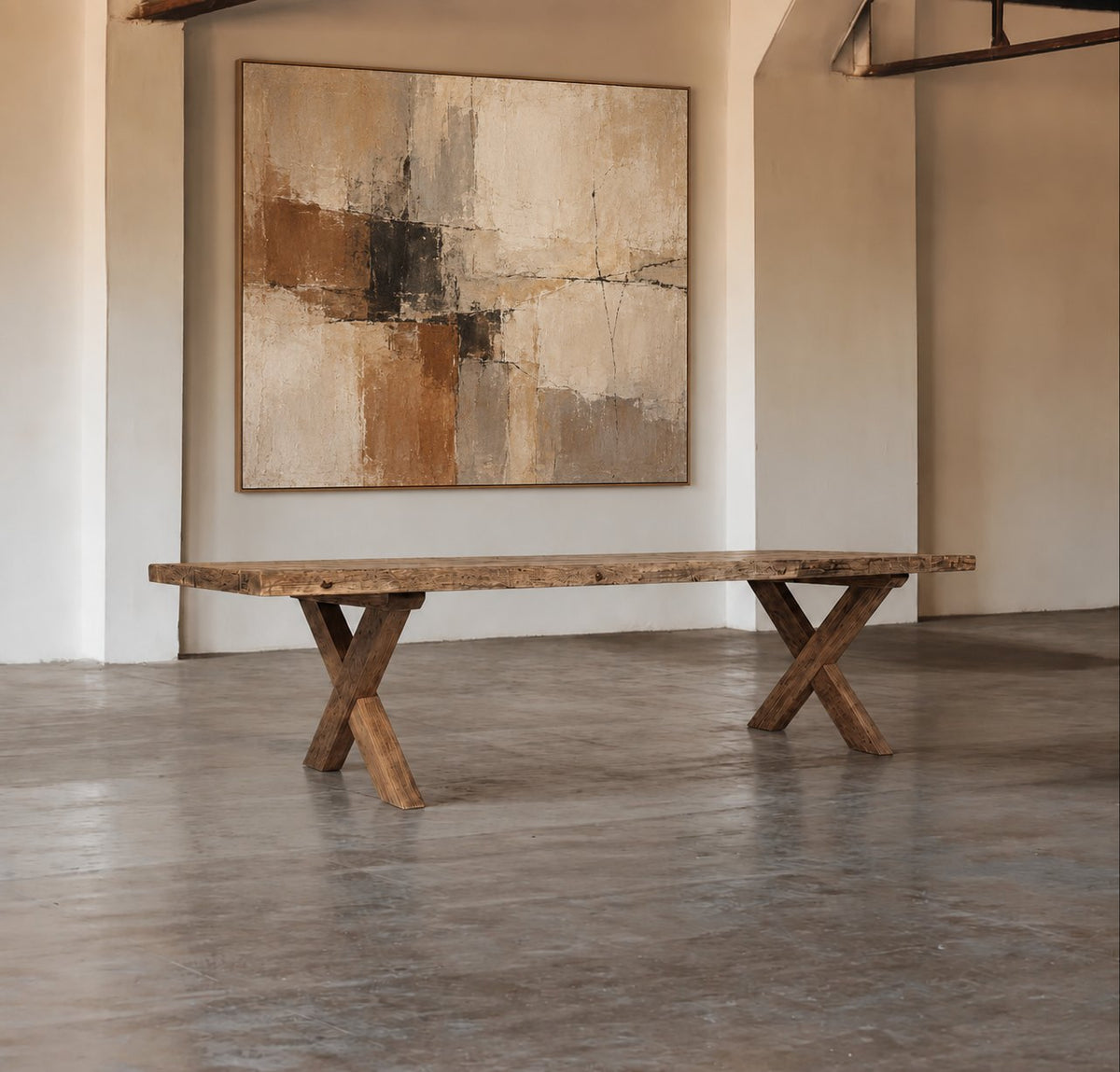 Traverse Reclaimed Oak Dining Table – in a gallery-style room with abstract artwork