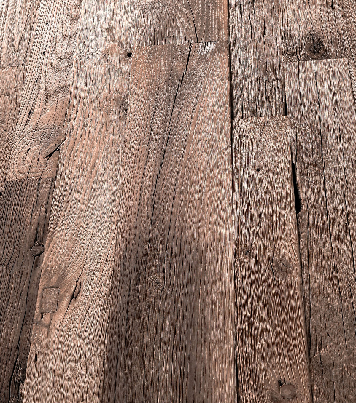Traverse Reclaimed Oak Dining Table – close-up of the weathered oak plank top