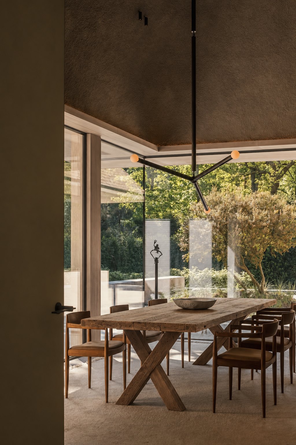 Traverse Reclaimed Oak Dining Table – in a dining room with garden views