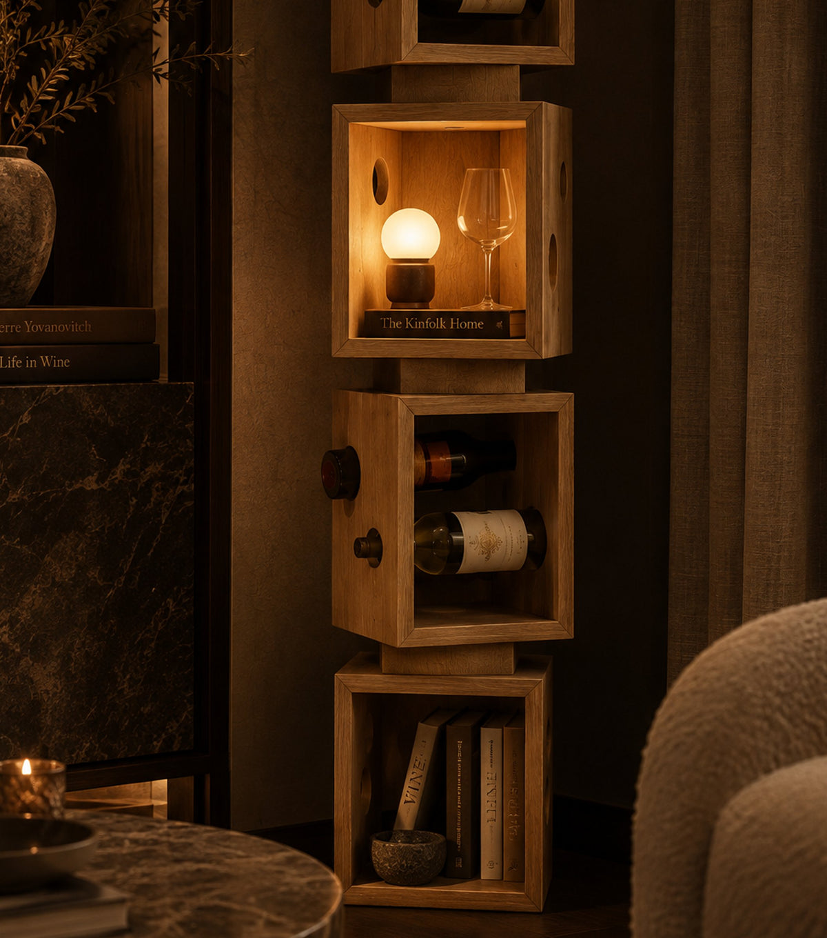 Vina Reclaimed Oak Wine Rack – in a dark lounge with soft lighting